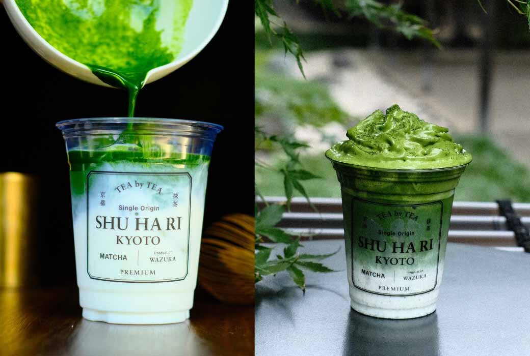 「SHUHARI KYOTO」の「シングルオリジン抹茶のラテ」（左・821円）、「宇治抹茶のエスプーマラテ」（1,201円）　※いずれもイートインのみ