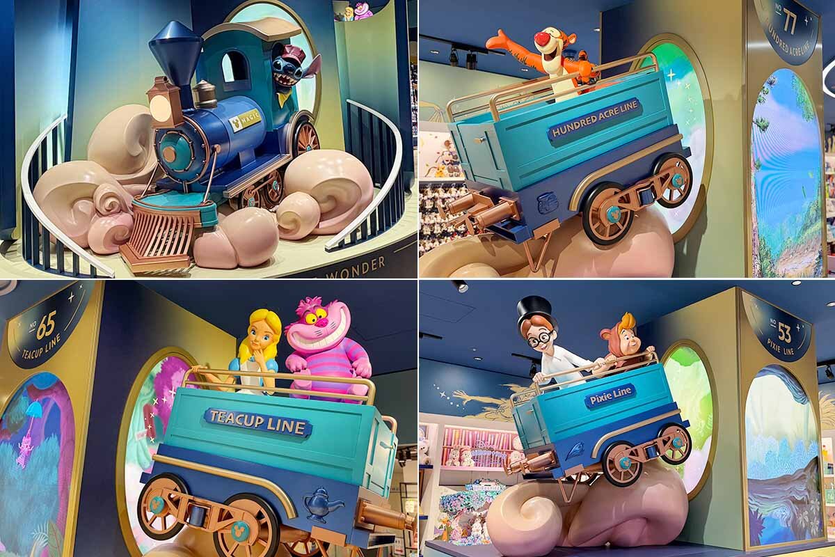 蒸気機関車「Train of Wonder」に乗り込んだキャラクターたち。左上から時計回りにスティッチ、ティガー、ジョンとカビー、アリスとチェシャ猫（2026年8月・心斎橋パルコ）