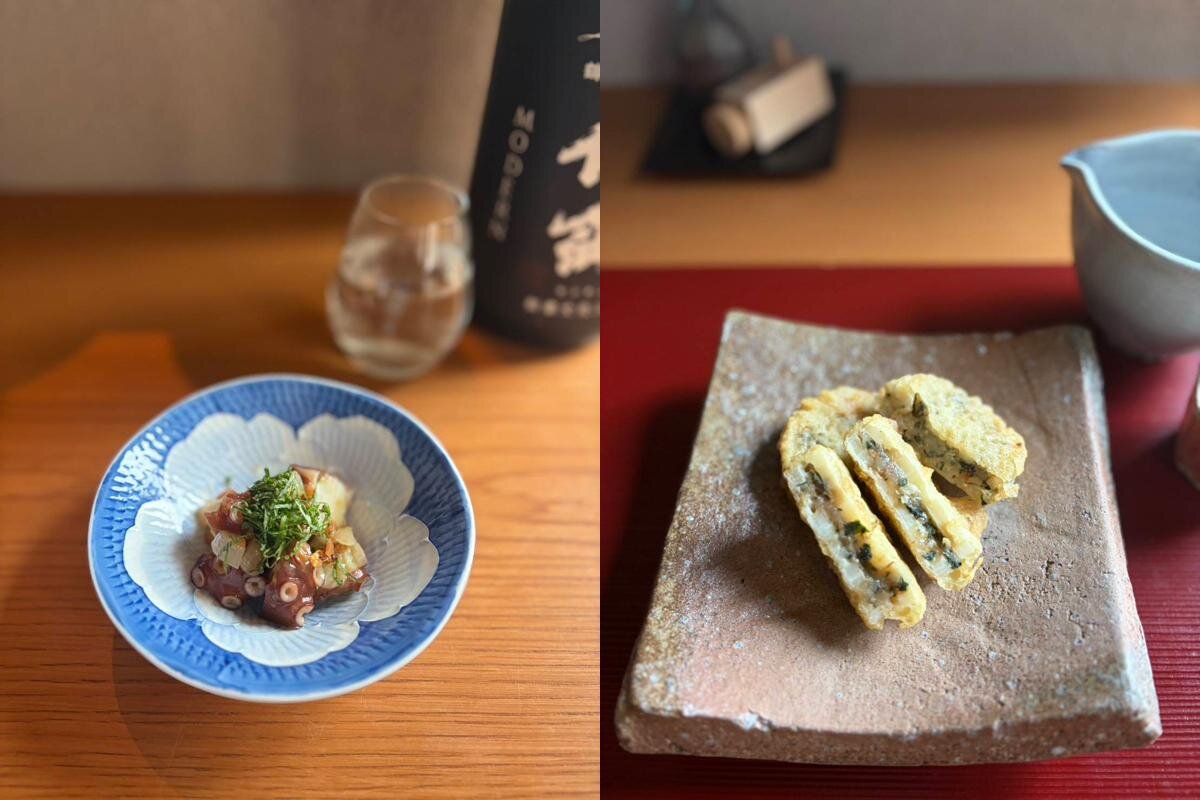 「タコ梅らっきょ」や「えびレンコン味噌（みそ）はさみ揚げ」などの季節の一品も楽しめます／「saraba」（芦屋市公光町）