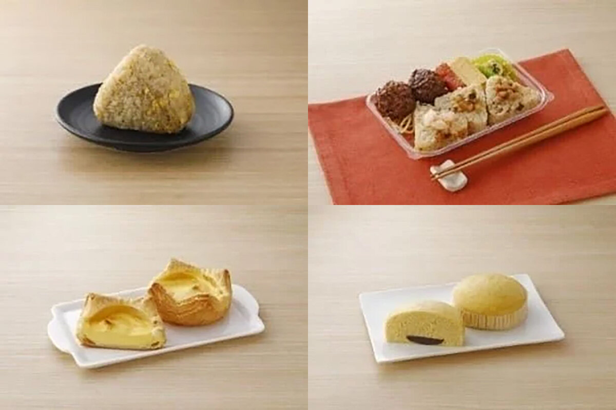 南京町が監修したローソンとのコラボ商品。上段左から「ごま香る炒飯おにぎり」（203円）、「おにぎり弁当（中華おこわ風）」（559円）、下段左から「エッグタルトパイ」（216円）、「マーラーカオ（こしあん）」（167円）