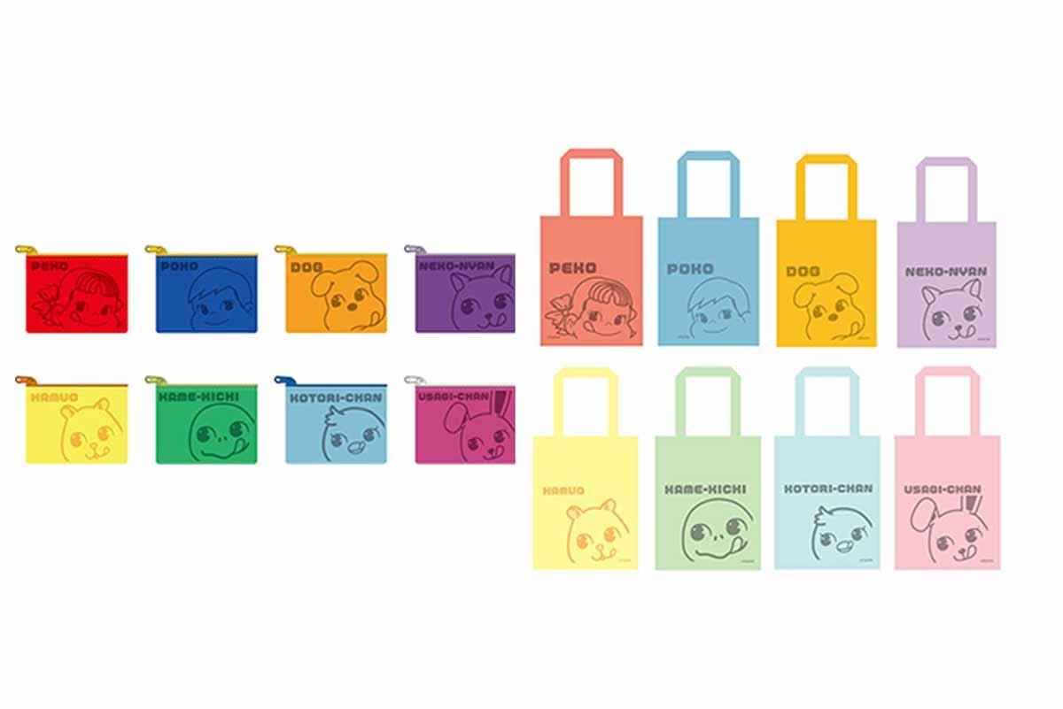 「ペコちゃんポコちゃんとゆかいな仲間たち」の「トレーディングエンボスクリアポーチ」（左・全8種ランダム・880円）、「トートバッグ」（全8種ランダム・1,100円）
