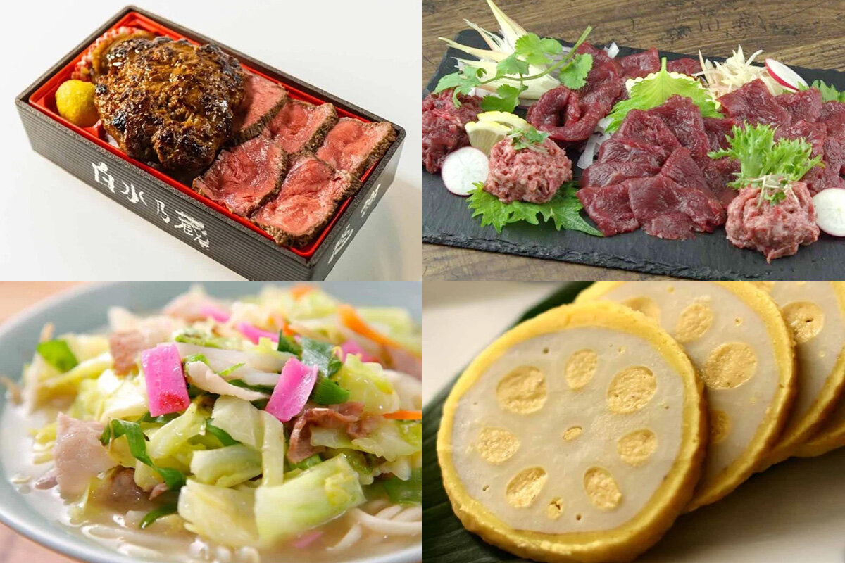 上段左から「あか牛入りハンバーグとステーキ重」（白水乃蔵）、鮮馬刺し国産馬刺し3種スライスセット（菅乃屋）、下段左から「水俣チャンポン」（喜楽食堂）、「からし蓮根」（ふくとく）