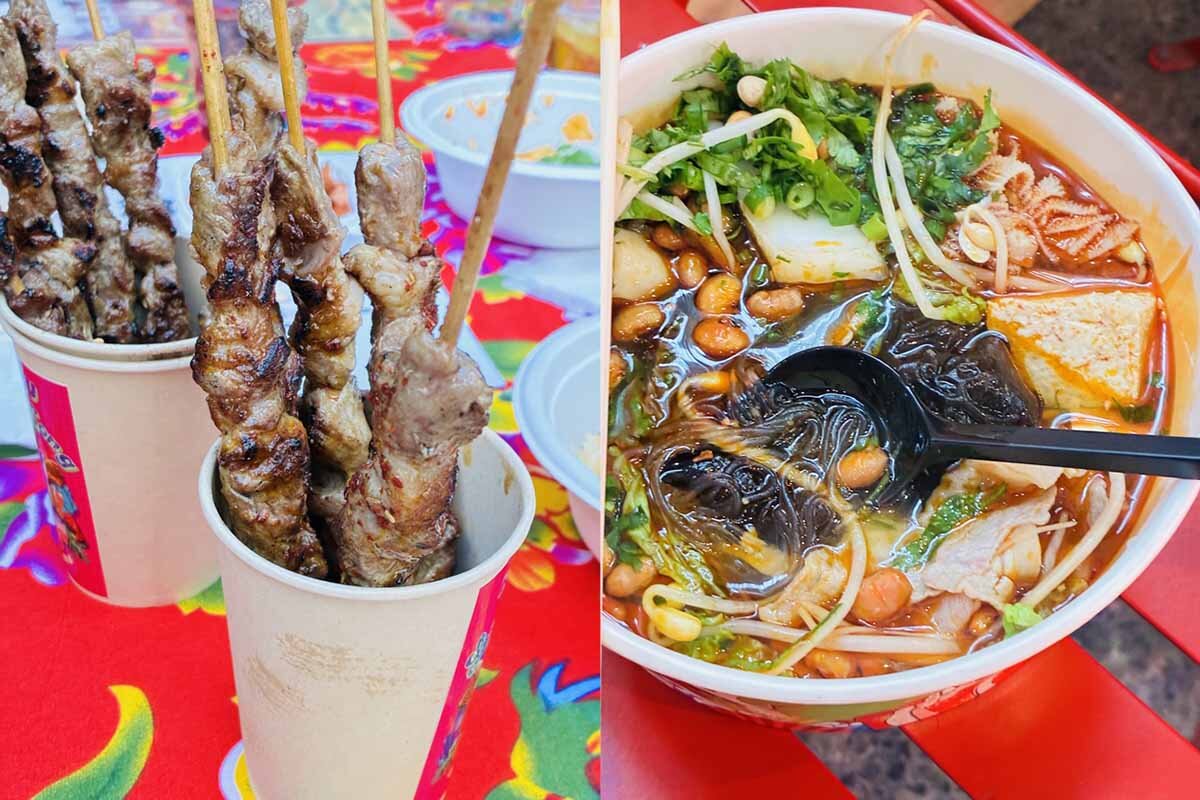 昨年人気だったという、羊肉串（左）と麻辣燙（マーラータン）